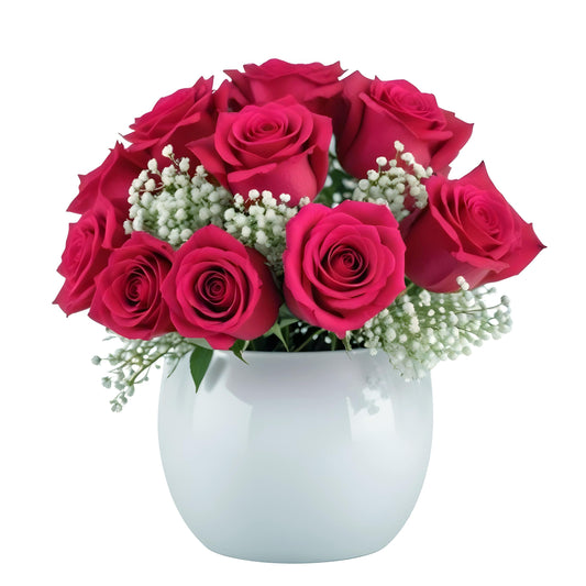 Pink Roses And Baby’s Breath Vase Bouquet