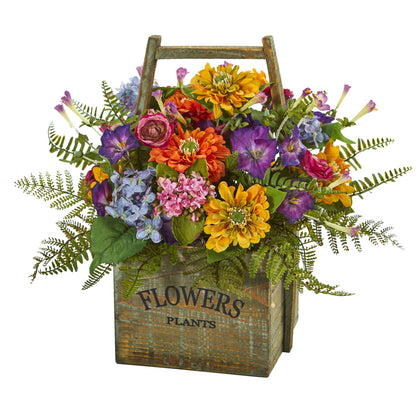 Nearly Natural Mixed Floral Artificial Arrangement in Wood Basket